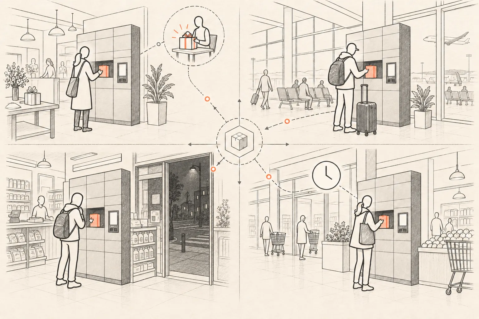One pickup access point appears in several locations with customers arriving for different reasons.