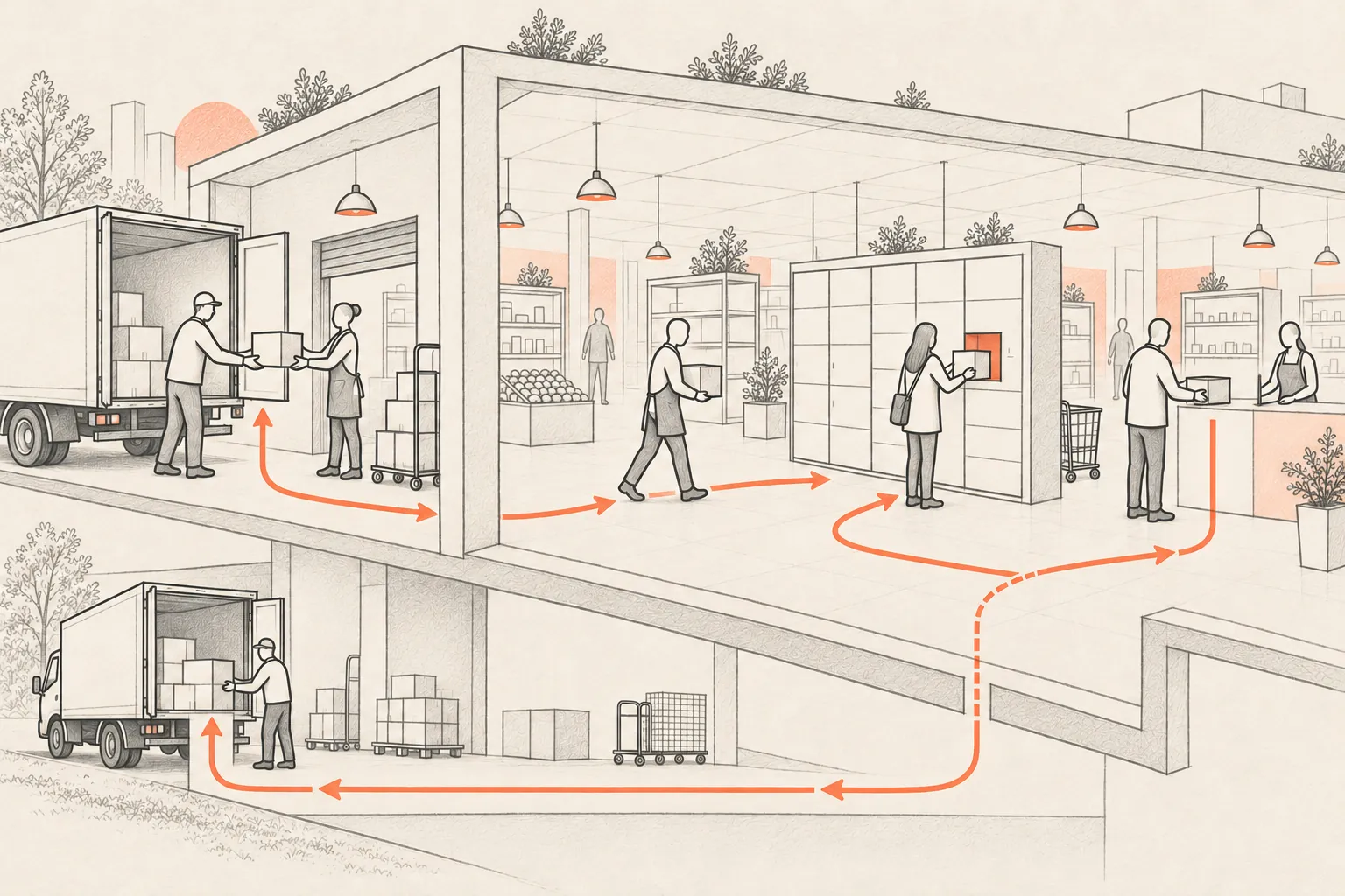 A connected service view links delivery, a store, locker pickup and returns.