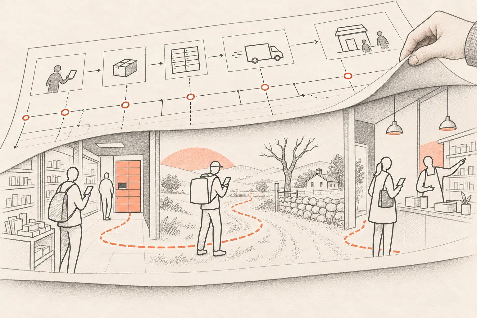 A lifted blueprint reveals varied customer situations and places beneath the tidy service model.
