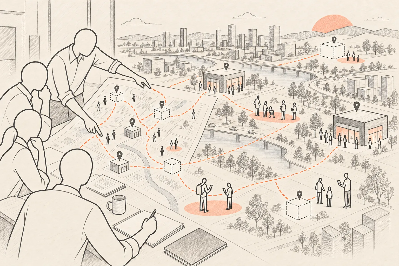 Planned future access-point sites open into questions about their customers and local contexts.