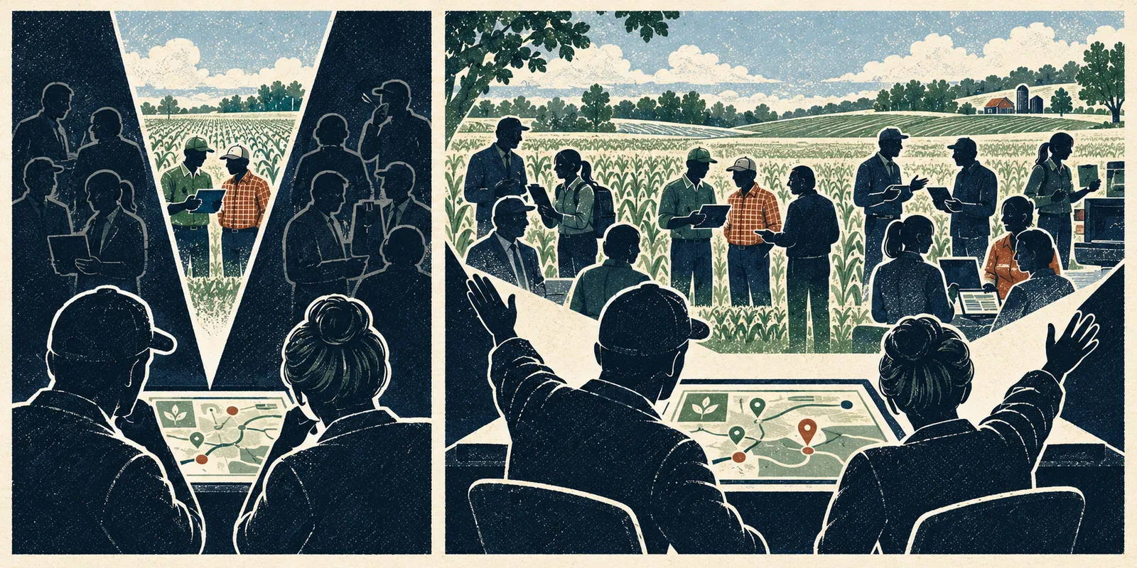 A narrow view of a few engaged sales agents opens to a larger group and the businesses they run.