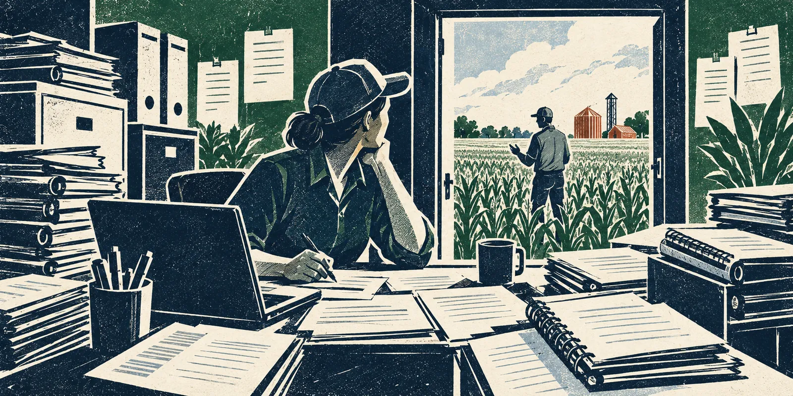 A sales agent faces administrative work while looking toward the customers and fields beyond it.