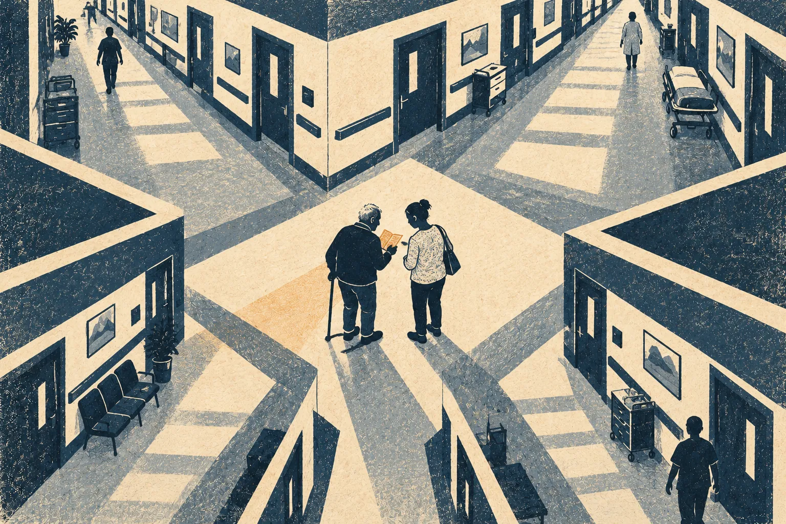 From above, an older patient with a booklet faces a complex choice of hospital corridors.