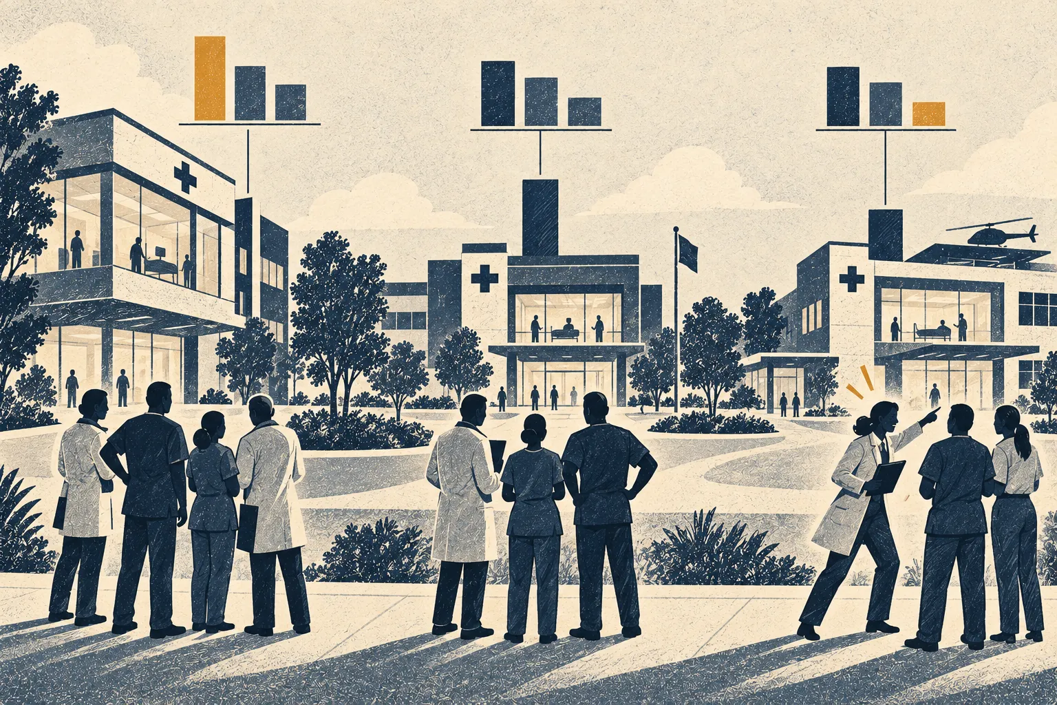 Three facility groups see their standing beside one another, prompting the trailing group to act.