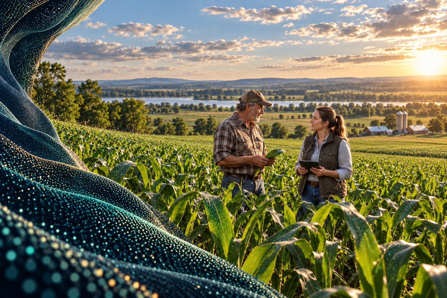 Concept illustration: a farmer talks with an agricultural representative holding a tablet, in an open landscape framed by an abstract technological threshold.